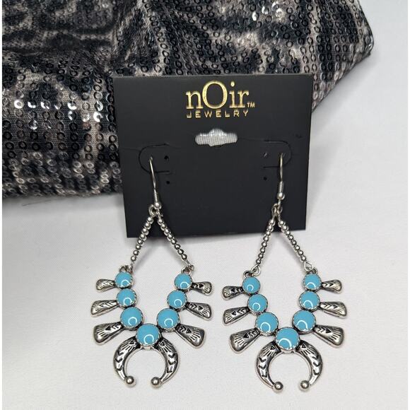 Turquoise Squash Blossom Silver Tone Dangle Earrings - Picture 4 of 4